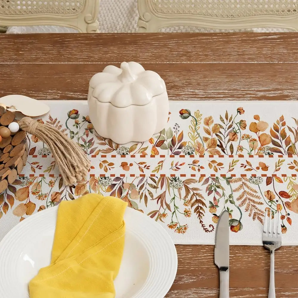 Chemin De Table D'Automne En Lin - Décoration Saisonnière 33x183 Cm, Motif Fleurs Et Feuilles Pour Cuisine, Salle à Manger, Événements