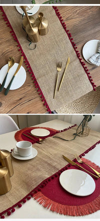 Chemin de Table en Jute Style Rétro avec Frange