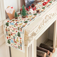 chemin de table avec motifs sur une cheminée blanche
