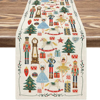 Chemin de Table en Lin Motifs Festifs de Noël sur une table en bois sur fond blanc