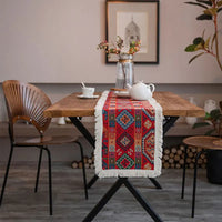 Chemin de Table Rouge avec Frange et Motifs