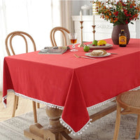 Nappe en Coton à Pompons et Coutures — Rouge
