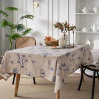 Nappe Coton Rectangulaire avec Motif Floral Bleu et de couleur grise, dans une salle à manger.