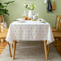 Nappe Rectangulaire en Coton à Pompons et Dentelle — Pois Multicolores