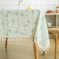 Nappe Rectangulaire en Coton à Pompons et Dentelle — Vert Clair