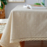 Nappe Rectangulaire en Coton à Pompons et Dentelle — Blanc Fleuri